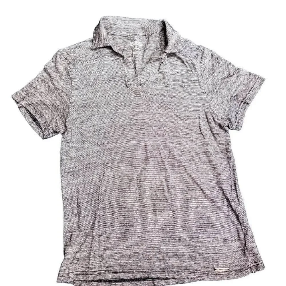 Michael Kors Black and White Short Sleeve Polo Shirt Linen Blend